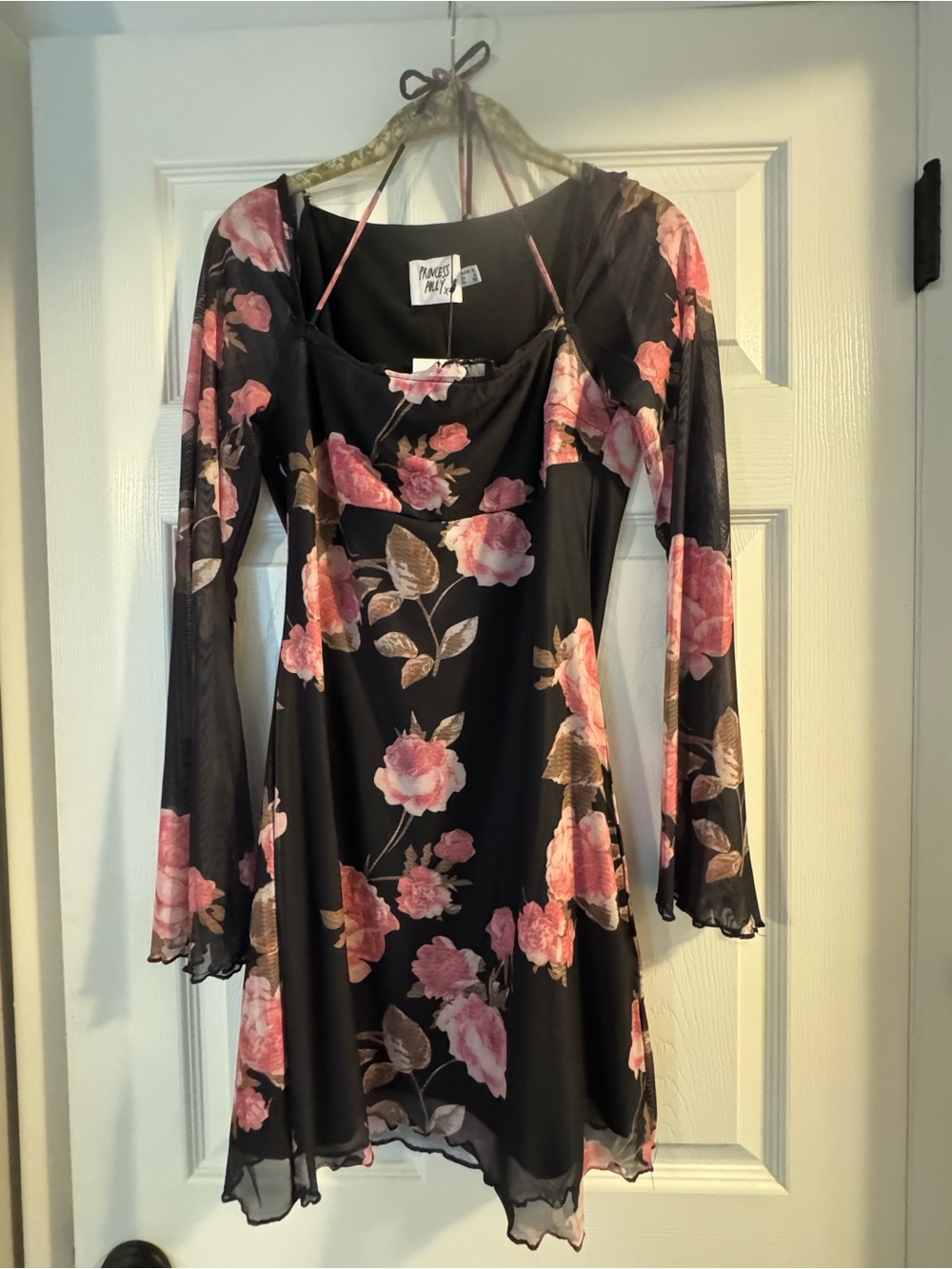Princess Polly Black Mesh Long Sleeve Dress with Pink Floral Print
